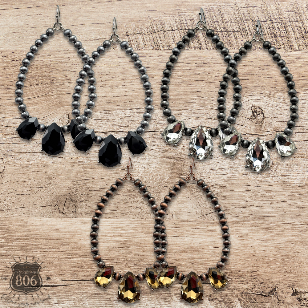 Western Burnished-Bead Rhinestone Teardrop Earrings