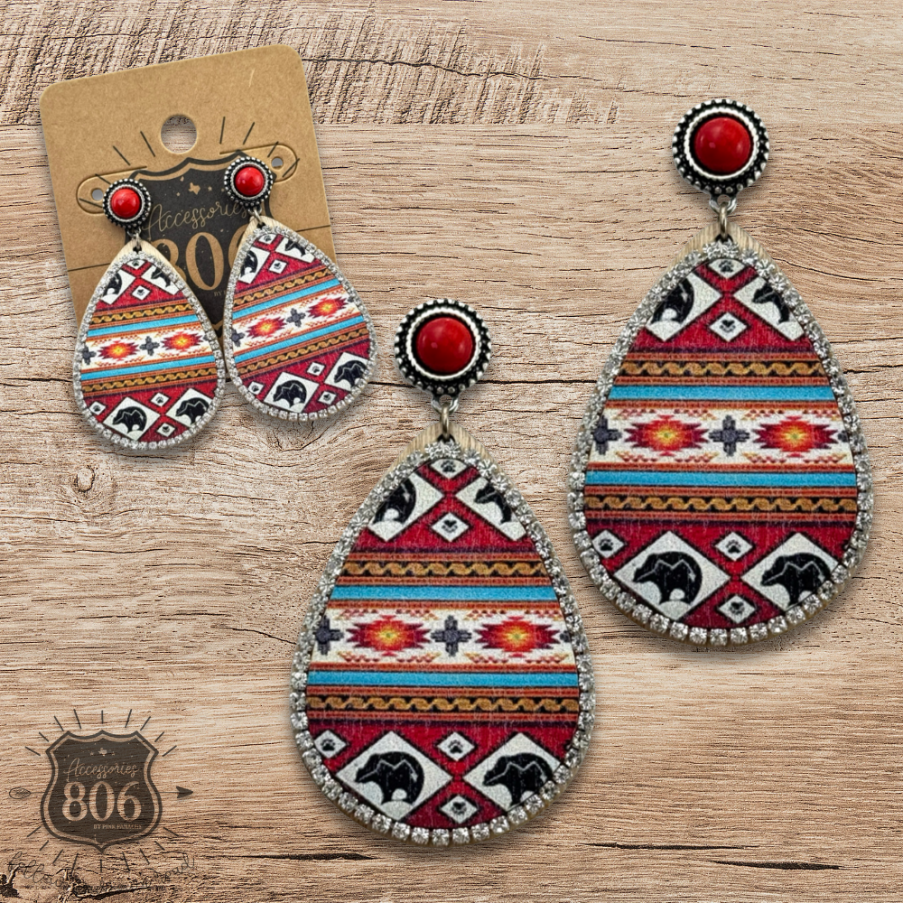 Western Print Teardrop Earrings – Red