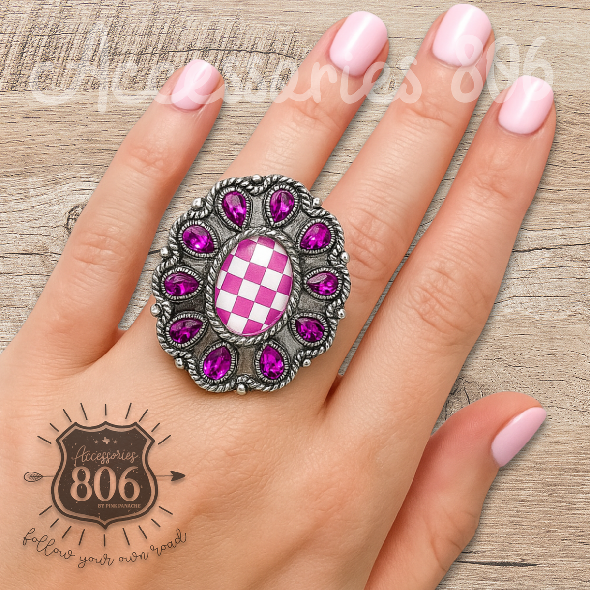 Western Oval Rhinestone Checkerboard Ring