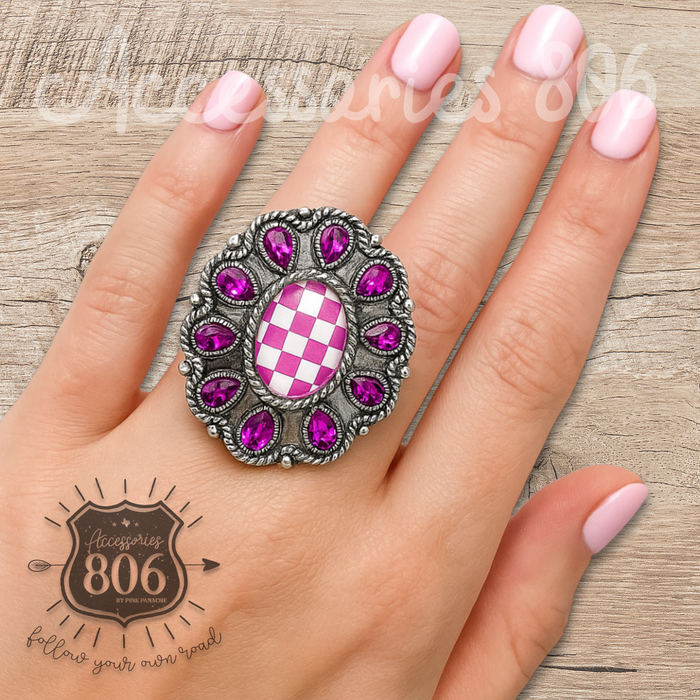 Western Oval Rhinestone Checkerboard Ring